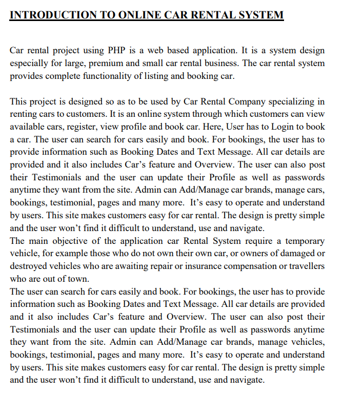 Online Car Rental Managment System Project Report PDF